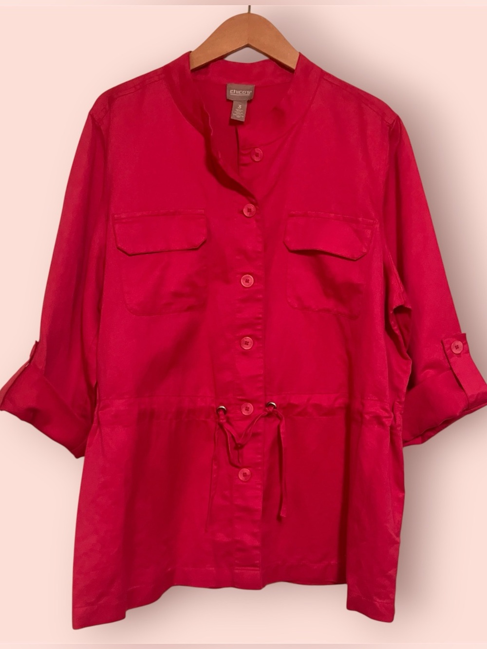 Chico's Bright Fuchsia Drawstring Cotton/Linen Utility Jacket